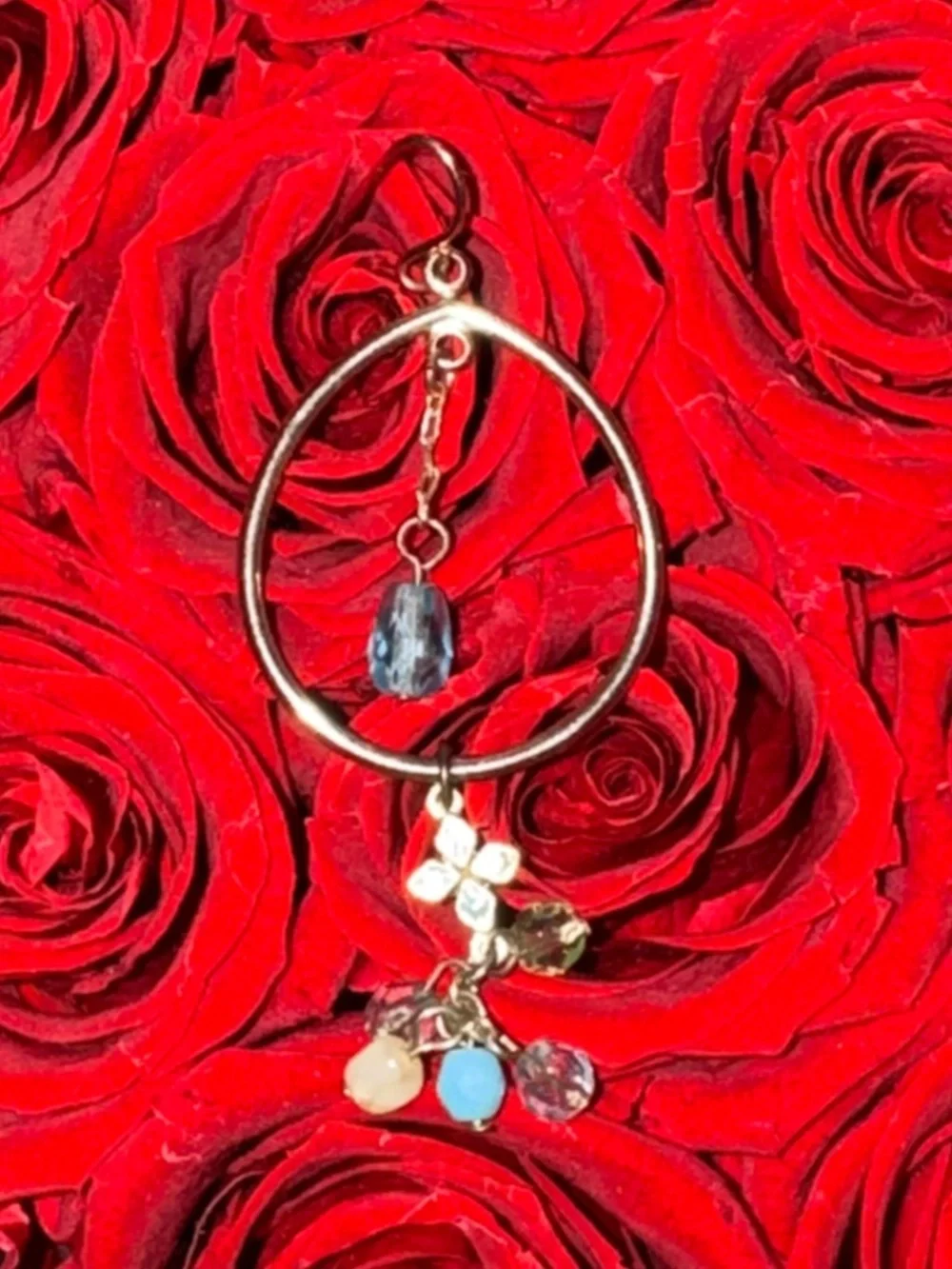 Boho Gold Hoop Charm Earrings | Cross Accent + Blue Crystal & Beaded Dangles